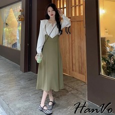 HanVo 小仙氣霧綠襯衫A字裙 韓版簡約顯瘦兩件式洋裝 韓系女裝 A06-3611