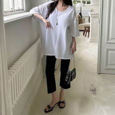 빅사이즈 여성 면 100 오버핏 반팔티 롱 기장 체형커버 티셔츠 레터링 브이넥 여름 외출복