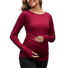 GINKANA 여성용 임산부 긴소매 셔츠 캐주얼 슬림 핏 크루넥 임산부 상의 엄지 구멍이 있는 풀오버 셔츠 버건디 XL