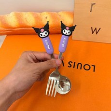 可愛卡通聯名不銹鋼小学生餐具組 附便攜收納盒 含叉子及筷子 適合學童使用, 1個, 庫洛米,勺子一個