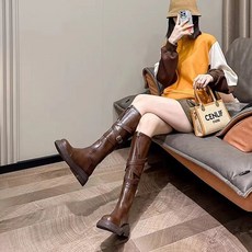 美拉德風厚底騎士長靴 2025新款復古長筒靴 臺灣出貨, 棕色單裏,37, 37