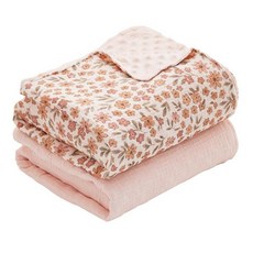 CoolaPeach 모슬린 아기 담요 2팩 남아 및 여아용 매우 부드러운 속싸개 담요 모슬린 면 전면 & 도트 플리스 뒷면 99.1 x 74.1cm(39 x 29.5인치), 꽃무늬