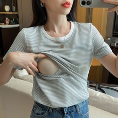 스트라이프 반팔수유티 티셔츠 수유복 여름 외출 모유 임부복 덮개형