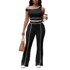 Knowfashionstyle 여성용 투피스 세트 외출 의상 섹시 캐주얼 민소매 크롭 탑 오프 숄더 와이드 레그 팬츠 세트 A-블랙 XL