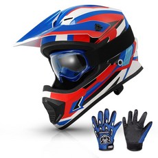 TCMT DOT 청소년 비포장 도로용 오토바이 ATV 헬멧 모토크로스 고글 장갑, 청소년 라지, 패턴: 레트로 블루