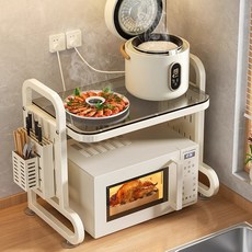 Bornoon강화유리 전자레인지 선반 측면 다용도 걸이 수납장, 2단, 크림화이트