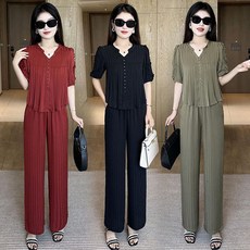 빅사이즈 여성 반팔 블라우스 밴딩 일자 와이드 팬츠 심플 상하세트 데일리 패션 투피스