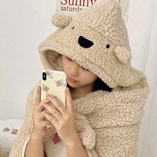 핵따뜻 양털 뽀글이 귀여운 곰돌이 입는 후드 담요