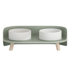 月半雙碗 寵物雙碗 寵物架高碗, 1個, 寵物餐桌 抹茶綠