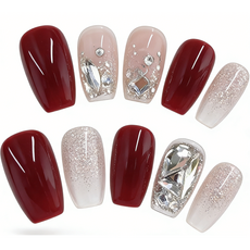 小紅書爆款穿戴甲愛心法式高級感手工美甲甲片甜美風穿戴式指甲片, 1個, BY1915露紅煙紫:手工甲XS碼#10片/袋