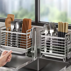 다기능 스테인리스 식기 보관함 주방용 물빠짐 젓가락 수저 거치대, 1개, 실버 3구