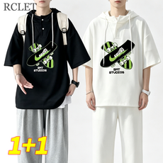 RCLET 1+1 남성 여름 후드 프린트 반팔 티셔츠 커플 5부 티셔츠 캐주얼 티셔츠 상의