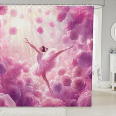 Erosebridal 보우 발레 182.9cm(72인치) 너비 182.9cm(72인치) 샤워 커튼 핑크 카와이 발레리나 욕실 커튼 어린이 소녀 청소년용 댄스 발레 목욕 커튼