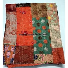 패치워크 장식 오래된 빈티지 자수 칸타 퀼트와 베개 홈 캄바디야 퀼트 왕/퀸 침대 스프레드 커버 2개(오렌지 60X90인치), 60X90인치, 주황색