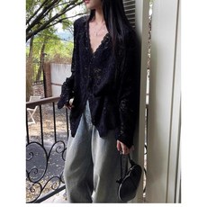 蕾絲長袖上衣 襯衫外套 秋冬女裝 V領開衫內搭衣