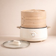 [독일브랜드] 대나무 찜기 멀티쿠커 스티머 전기냄비 전기찜기 라면포트 2단 찜판 찜통 보온 다용도 친환경 다이얼 플레이팅 만두 계란 야채 홈파티, 대나무 찜기 & 멀티쿠커