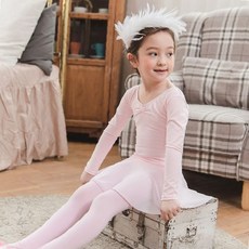 아동 발레 연습복 긴팔 쉬폰 스커트 일체형 무용 댄스 레슨 의상 핑크 여아 체조