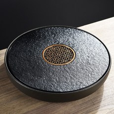 貓嶼 新中式圓形烏金石茶盤 家用辦公室儲水式茶海大號石頭茶臺茶具茶道, 30cm黑陶盤-烏金石面板, 1個