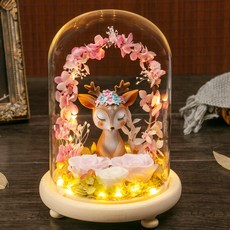 永生花玻璃罩 創意香皂花禮物 不凋花盅 擺件, 一鹿相伴【粉色】
