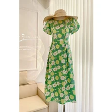 Hebe 스타일 우아한 녹색 꽃 프린트 퍼프 슬리브 허리 드레스 여성 패션 캐주얼 미니, 01 녹색 꽃 원피스, 04 M