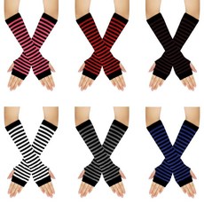 Fumwase 여성용 긴 핑거리스 장갑 6쌍 니트 겨울 스트라이프 암 워머 엄지손가락 구멍 스트레치 장갑 다채로운 색상 298534, Fumwase 여성용 긴 핑거리스 장갑 6쌍, 니트 겨