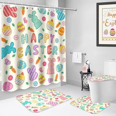 LSYDCARM 4피스 부활절 샤워 커튼 세트 미끄럼 방지 러그 화장실 뚜껑 커버 및 욕실 매트 장식 봄 후크 12개가 있는 토끼 커튼109683