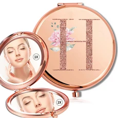 돋보기 메이크업 라운드 거울 양면 금속 화장품 휴대용 모양 유리 소형 휴대용 거울 로즈 골드 문자 패턴, H