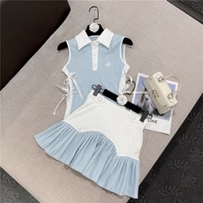 【SSV高爾夫】夏季洋氣甜美綁帶無袖Polo衫高腰百褶半身裙套裝 女士球服時尚戶外運動