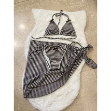 三件式復古咖啡格紋比基尼 附同款綁帶沙灘裙, S