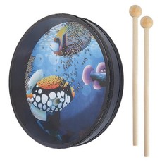 OLYCRAFT 바다 드럼 1개 나무 드럼스틱 웨이브 비즈 2개 물고기 패턴 25.4cm(10인치) 사운드 포함 뮤지컬 타악기 가정 용품용, OLYCRAFT 바다 드럼 1개, 나무 드럼스틱 웨이브