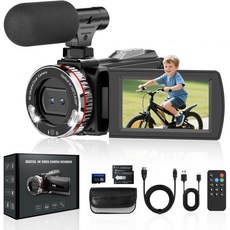 캠코더 비디오 카메라 4K 48MP 60FPS 21배 디지털 줌 유튜브용 브이로그 3.0인치 270도 회전 가능한 화면 64GB SD 카드 포함 HDMI 케이블 외부 마이크 리