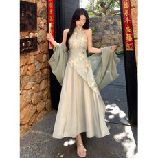 新中式改良旗袍掛脖連衣裙 夏季女裝 國風禪意氣質收腰長裙 東方美學江南才女氣質宴會裙, 開衫,S