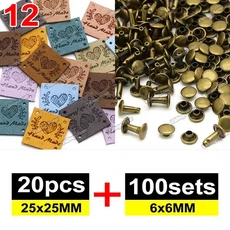 20pcs 믹스 가죽 레이블 100 세트 6x6MM 금속 스파이크 수제 의류에 대 한 양각 태그 DIY 모자 바느질 액세, 04 12