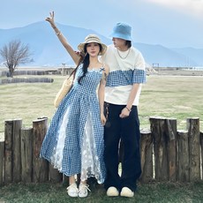 커플룩 휴양지룩 바캉스룩 신혼여행 비치 해변 커플 반팔 원피스 블루 체크