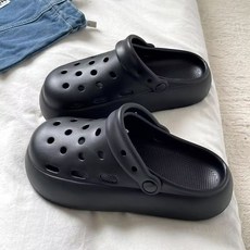 DFMEI 厚底洞洞鞋女夏包頭涼拖鞋可愛卡通外穿沙灘一腳蹬拖鞋, 光板—黑色:36—37, 1個