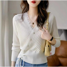 여성 미니 레이스 니트니트 여자 스트링 긴팔 사선 브이넥 도그4color