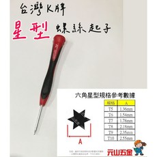 元山五金 台灣製 K牌 T5 T6 T7 T8 T10 星型螺絲起子 星型小起子板手 手機 硬碟, 1個