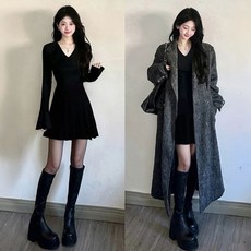 巨好看黑色長袖針織連衣裙女2025新款秋冬季大衣內搭打底短裙穿搭