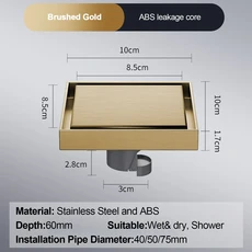 발바닥 드레인 1010cm 냄새 방지 목욕 배수 탈취 광장 DIY 블랙 샤워 필터 플러그 커버 파이프 304 스테인, 01, 01 10x10cm, 02 Gold-ABS
