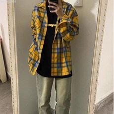 寬鬆型秋季常規青少年中高腰微彈長袖格子襯衫黃色法式潮流文藝潮