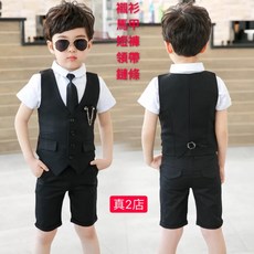 男童純黑西裝五件套裝（馬甲襯衫短褲領帶鏈條）中小童兒童禮服畢業禮服花童夏季禮服喜宴演出拍照衣服