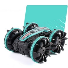 黑白寶貝 水陸兩用遙控車 水陸兩棲 2.4G雙遙控 越野地形 水上行駛 特技遙控車 360度旋轉 雙面翻轉, 藍綠色, 1個