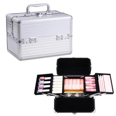 메이크업 정리함 다기능 대형 PVC 화장품함 파우치, 더블 오픈 실버 스트라이프 블랙 베이스