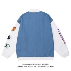 Dee studios학생 데님 접합 니트 패치 배지 남성과 여성을위한 자수 재킷 봄 커플 재킷