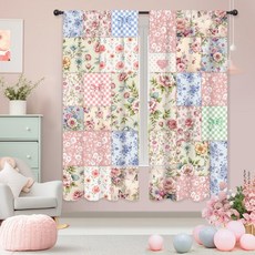 Riyidecor Boho 핑크 플로럴 커튼 섀비 시크 패치워크 빈티지 플라워 귀여운 보헤미안 식물 레트로 팜하우스 로드 포켓 여성 침실 거실 트리트먼트 원단 2 패널 106.