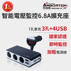 【安伯特】酷電大師 智能電壓監控6.8A 7孔車充3孔 4USB (國家認證 一年保固) R37531, 黑色, AE090135