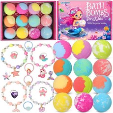 포함 용 배쓰밤 자연 추출물 인어 공주 버블 12개 주얼리 서프라이즈 크리스마스 부활절 바구니 스터퍼 생일 선물 세트 패키지는 다를 수 있음 221303, 아동용 장난감 포함 girl용 배쓰밤 자연 추출물 인어