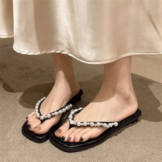 TIRA 여성 진주 장식 사각코 슬리퍼 두꺼운 밑창 편안한 캐주얼 여름 데일리 신발