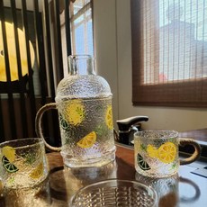 耐高溫玻璃冷水壺家用大容量果汁瓶茶壺杯子套裝可加熱涼白開水壺, 1個, 復古檸檬冰露水杯:無規格, 1L