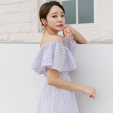 VERAF 露肩式格紋連身長裙 614H